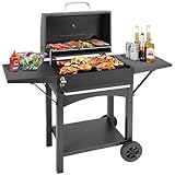 Holzkohlegrill Groß mit Deckel und Gusseisen Grillrost – Edelstahl Grillwagen...
