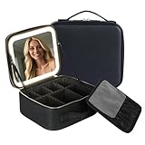 GHKN Reise-Make-up-Tasche mit beleuchtetem LED-Spiegel, Schminktasche Einstellbar mit 3 Farben LED, Tragbare Kosmetiktasche mit Verstellbaren Trennwänden, wasserdichte Make up Tasche mit Aufbewahrung