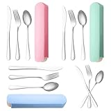 3 Sets Edelstahl Camping Besteck mit Etui, Tragbare Reisebesteck,...