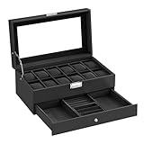 SONGMICS Uhrenbox, Uhrenkasten mit Glasdeckel, 2 Ebenen, für 12 Uhr,...