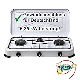 Campingkocher Gaskocher 3 flammig 50mbar Gasherd mit Gasschlauch und Gasregler...