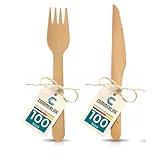 100 Holzgabeln + 100 Holzmesser Set | 200 Stück Einweg Besteck Set |...