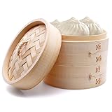 PWGHWG Bambus Dampfgarer 2 Etagen Bambusdämpfer mit Deckel 15 cm Dampfkorb...