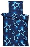 one-home Winter Bettwäsche 135x200 cm Sterne dunkel blau leuchtoptik Flausch...