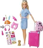 Barbie FWV25 - Barbie Travel Puppe (blond) mit Hündchen, aufklappbarem Koffer,...