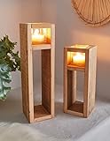 2X Windlicht-Säule Wood aus Holz & Glas, 30 + 40 cm hoch, Kerzenhalter aus...