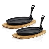 BBQ-Toro Gusseisen Servierpfännchen mit Holzunterlage (2 Stück) | 27 x 18 x 3...