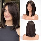 HAIRCUBE Damen Perücke 16 Zoll Dunkelbraun Synthetische Perücke mit Bangs...