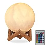 Relaxdays Mondlampe 3D, 16 Farben, dimmbar, Fernbedienung, kabellos, mit...