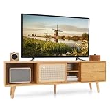 COSTWAY TV Schrank Bambus, TV Lowboard mit Rattan- & Glasschiebetüren,...