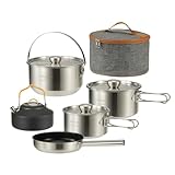 Camping Kochgeschirr Set 304 Edelstahl 10-teilige Töpfe Pfannen, Wasserkocher,...