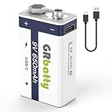 GRbatty Wiederaufladbare USB 9V Akku Lithium, 650mAh High Capacity 9 Volt Block...