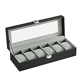 SONGMICS JWB06BK Uhrenbox mit 6 Fächern, Schatulle, mit Glasdeckel, abnehmbare...