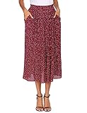 Parabler Damen Sommerrock Boho Retro Midi Langer Rock Rot Elastische Taille...