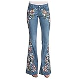 Schlaghose Damen Jeans Blumen - Jeanshosen Jacquard Denimhose Vintage Stickerei...