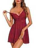 Vlazom Damen Sexy Nachthemd Spitzen Negligee V-Ausschnitt Schlinge Nachtkleid...