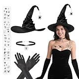 YIMOJOY 4er Hexenhut Damen mit Hexen Accessoires Set,Schwarzer Hexenhut mit...