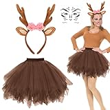 MorLuks Reh Kostüm Damen, Reh Haarreif + Reh Tattoo Gesicht + Tüllrock Braun...