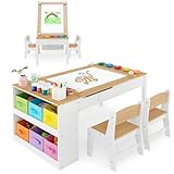 COSTWAY Kindertisch mit 2 Stühlen, 3 in 1 Aktivitätstisch & Staffelei aus Holz...