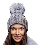 4sold Damen Wurm Winter Style Beanie Strickmütze Mütze mit Fellbommel...