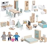 Giant bean Puppenhaus Möbel Holz Set, 36 Teilige Möbel mit 4 Familienpuppen,...