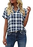 GeGekoko Damen Kariert Bluse Kurzarm Oberteile Casual Lose V-Ausschnitt...