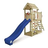 WICKEY Spielturm Klettergerüst JoyFlyer mit Holzdach & Blauer Rutsche, Outdoor...