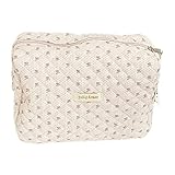 Aucuu Reise Kosmetiktasche, Coquette Make-up-Tasche, Gesteppte Kulturtasche, Groß Kapazität, Baumwolle - mit Blumenmuster für Kinder Damen Herren (Beige Blumen)