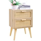 YAUKOMEL Rattan Nachttisch, Holz Beistelltisch mit 2 Hand Made Rattan dekoriert...