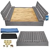 KOTARBAU® Sandkasten mit Abdeckung 140 x 140 cm Grau Großer Holzsandkasten...
