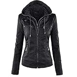 Newbestyle Damen Lederjacke mit Reißverschluss Kurzer Kapuzenmantel, Schwarz ,...
