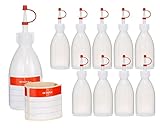 10 Plastikflaschen 100 ml aus LDPE, natur, G18, Tropfverschluss, rotes Halteband...