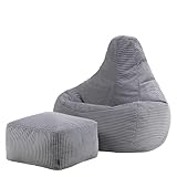 Icon Dalton Sitzsack mit Hocker Cord, Grau, Gaming Sitzsack Erwachsene mit...