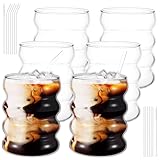 FWEEK 6er Set Gerippte Gläser Set, Bubble Gläser Set mit Glas Strohhalm, 350ml...