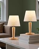 GOEBLESON Nachttischlampe aus Holz 2er Set, Beige Tischlampe mit Leinen...