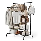 HAUSPROFI Schwerlast Kleiderständer auf Rollen, Doppel-Kleiderstange mit 3...