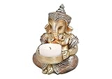 TEMPELWELT® Deko Figur Ganesha mit Teelichthalter 11 cm, Polystein Champagner...