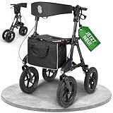 Rollator für draußen mit Luftbereifung bequemem Sitz und Lehne - robust leicht...