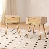 GRAVFORCE Nachttisch Rattan 2er Set Beistelltisch mit Schublade Holzbeine...