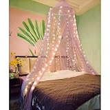 Eimilaly Zweifarbiger Betthimmel Moskitonetz rosa lila mit warmen Lichtern,...