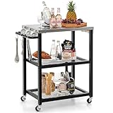 COSTWAY Grillwagen Outdoor, Grilltisch mit 3 Ablagen & 4 Rädern & Griff & 3...