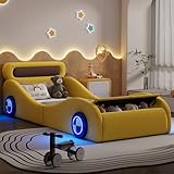 Autobett Kinderbett Jugendbett 90x200, Polsterbett Einzelbett mit leuchtenden...