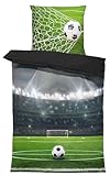 one-home Bettwäsche 135x200 cm Fußball Stadion grün schwarz Jungs Kinder...