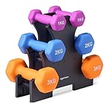 Amazon Basics Hantel-Set mit Neoprenbeschichtung, mit Hantelständer, 3 Stück...
