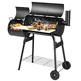 COSTWAY Holzkohlegrill mit Deckel, 2 in 1 Räuchern Grillen, Grillwagen mit...