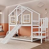 Jumua Etagenbett Kinderbett 90x200 cm, Hausbett mit Rutsche und Treppe, Hochbett...