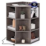 COSTWAY 3-stöckiges Eck-Bücherregal mit Ladestation, Eckregal mit 9 Fächern,...