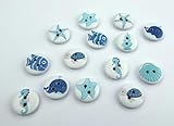 Knöpfe 15mm Holz 10 Stück weiß blau rund Fische Maritim 5
