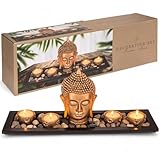 MIJOMA goldfarbener Buddha-Kopf Set mit Teelichthaltern, schwarzem Holztablett...