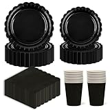 EVYIENEN 96 Stück Partygeschirr Set für 24 Gäste,Schwarz Gewellte Pappteller...